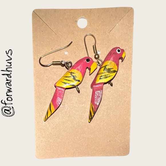 Bohemian Style Hand-Painted Wooden Parrot Earrings – 2” Dangle - Picture 5 of 8